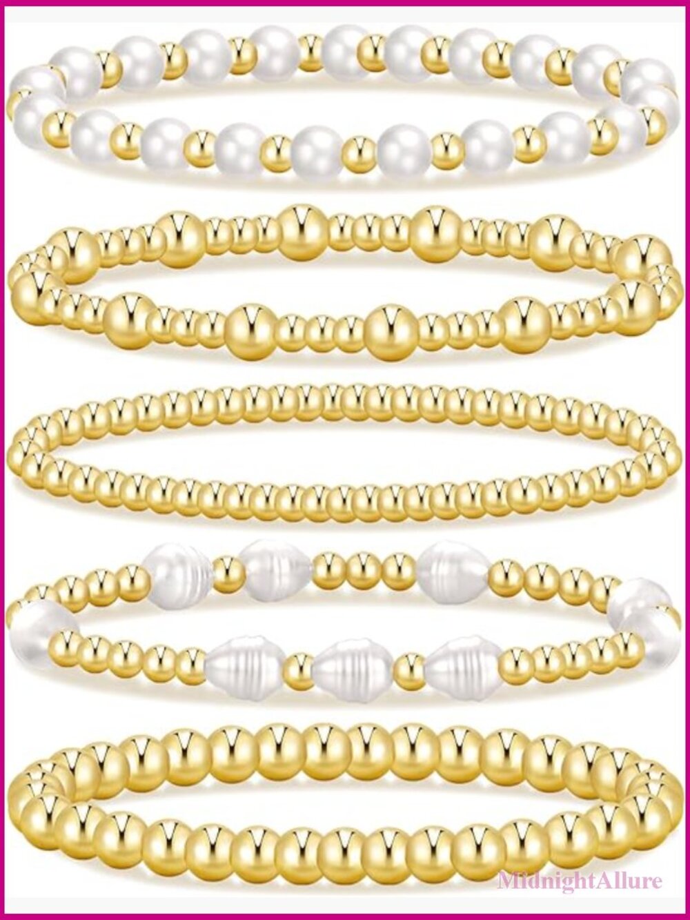 14K Gold Plated Beaded Bracelet Stack, 5 Pack Stretch Bracelets Set for Women,